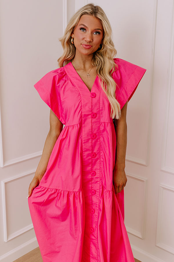 Premium Subtle Charm Button Down Midi Dress - Pink Elegance