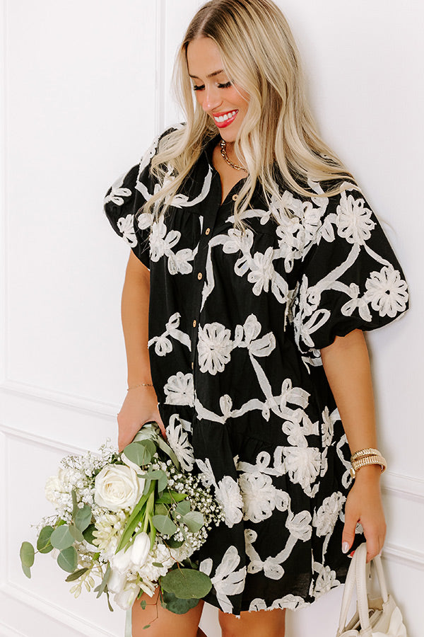 Premium Floral Embroidered Mini Dress - Black