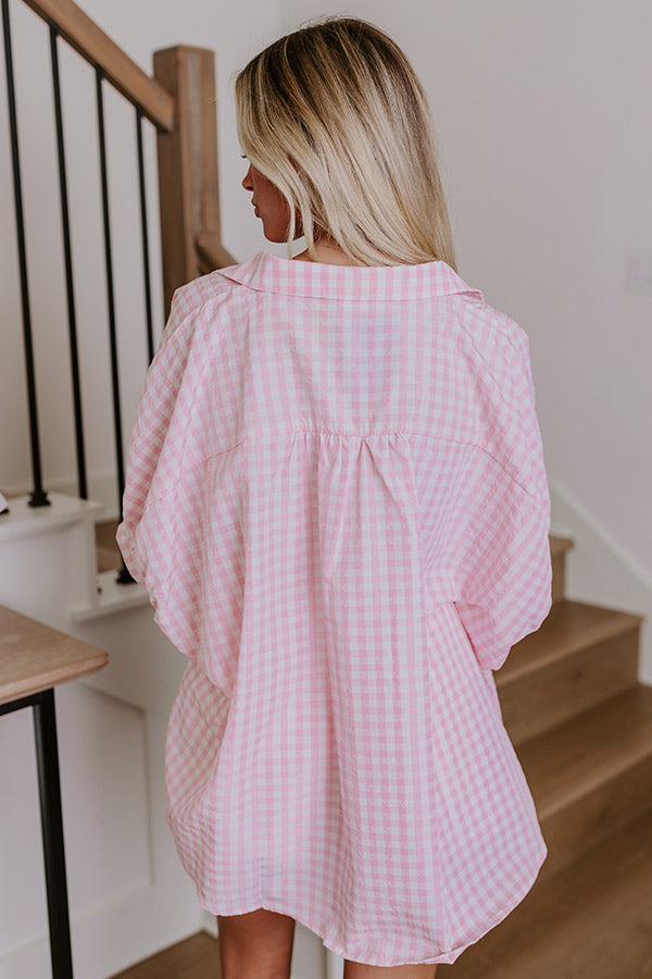 Ultimate Pink Gingham Oversized Button-Up Shirt for Effortless Picnic Style