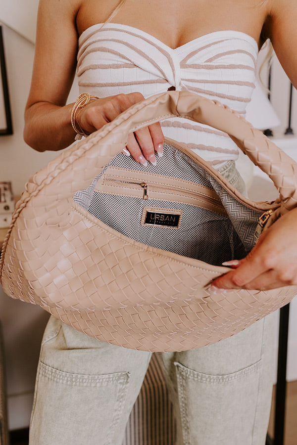 Premium Faux Leather Woven Tote Bag - Iced Latte