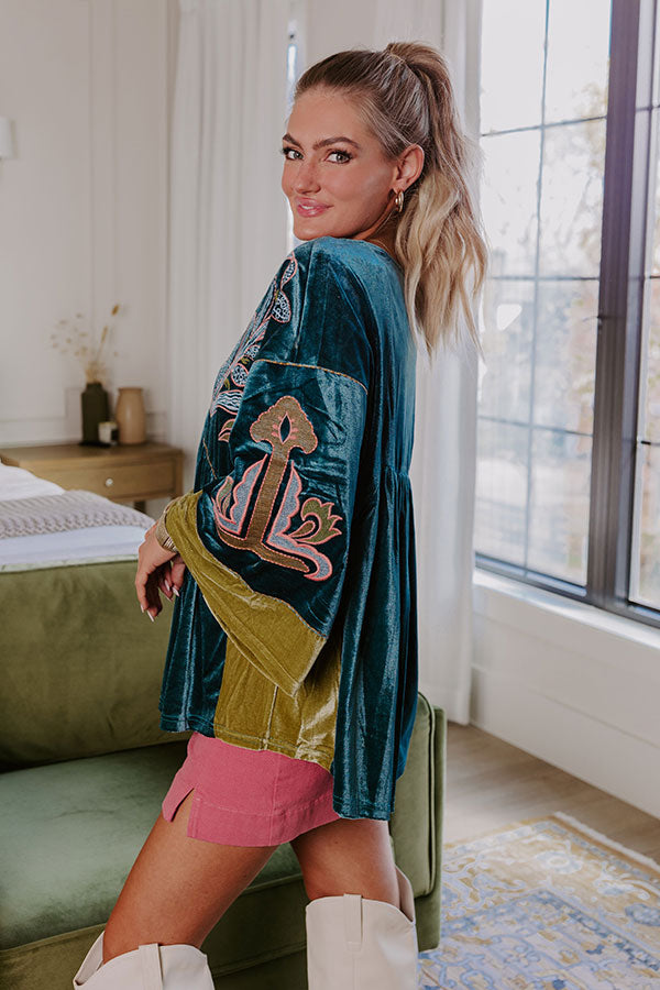 Premium Boho Embroidered Velvet Top in Teal - Upgrade Your Style