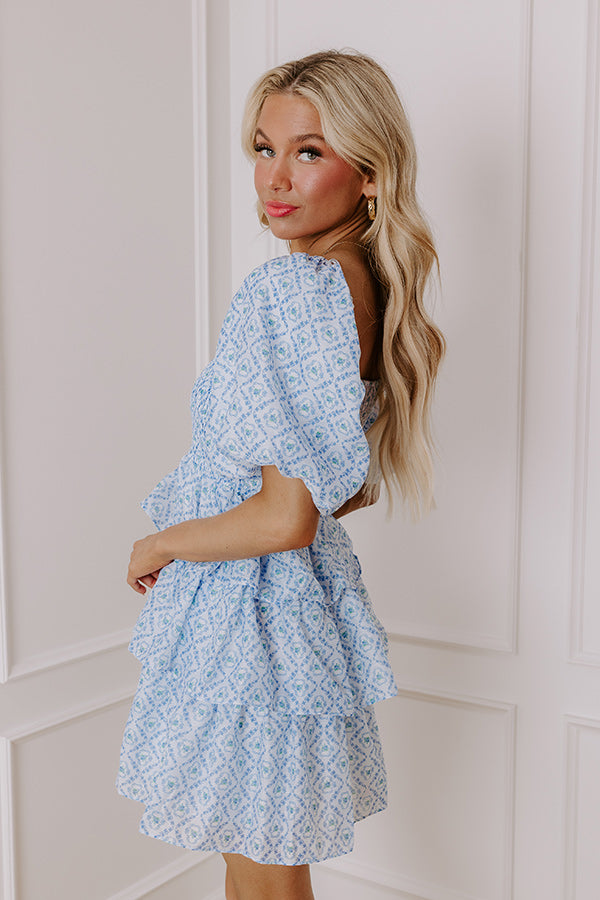 Premium Sky Blue Floral Tiered Mini Dress