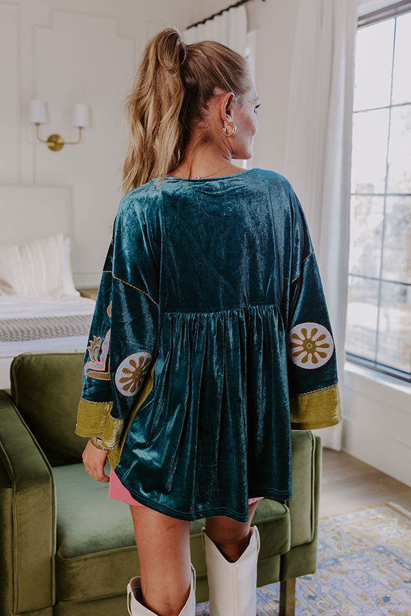 Premium Boho Embroidered Velvet Top in Teal - Upgrade Your Style