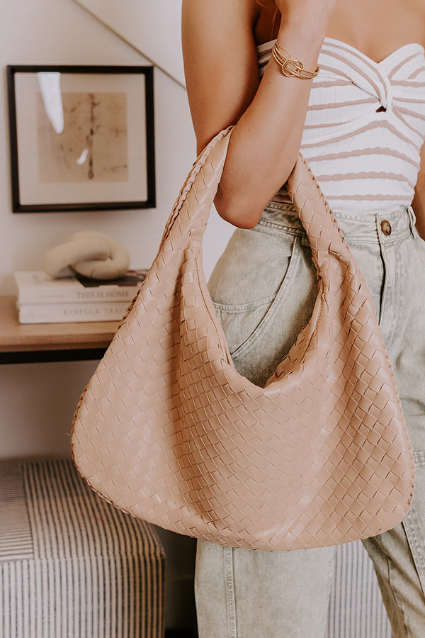 Premium Faux Leather Woven Tote Bag - Iced Latte