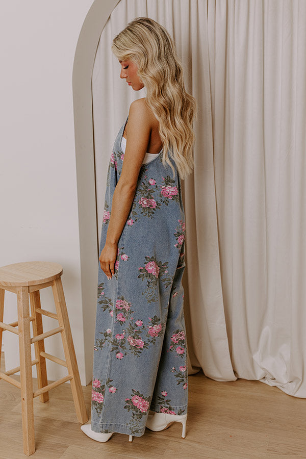 Premium Botanical Brunch Wide Leg Denim Jumpsuit - Effortless Style Upgrade