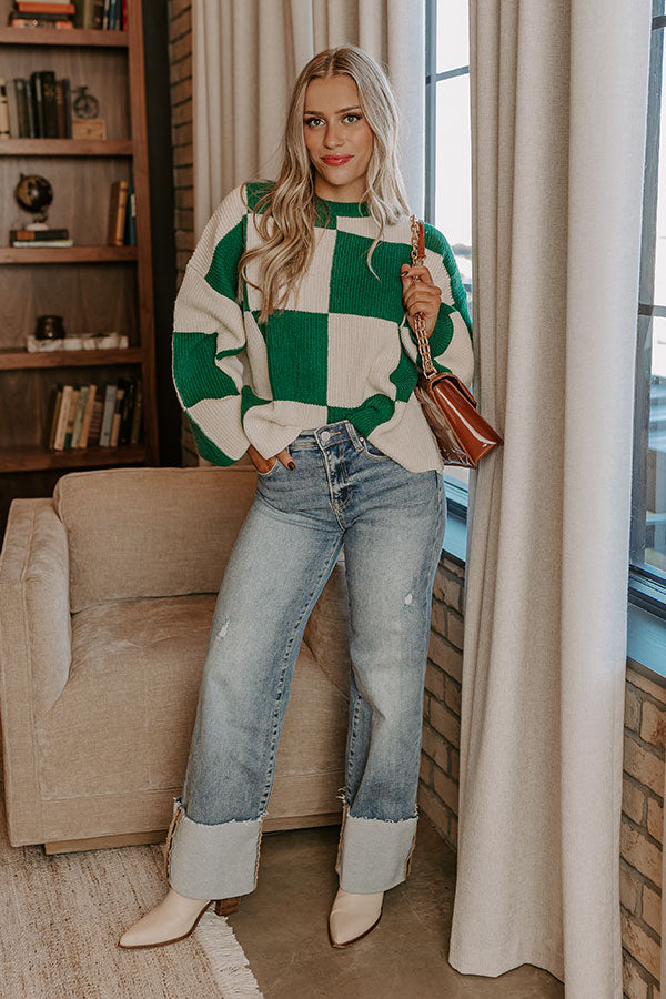 Premium Checkered Knit Sweater - Hunter Green