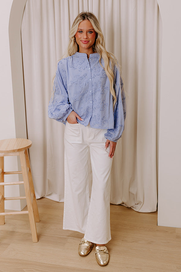 Premium Lost In Love Embroidered Button-Up Top - Sky Blue