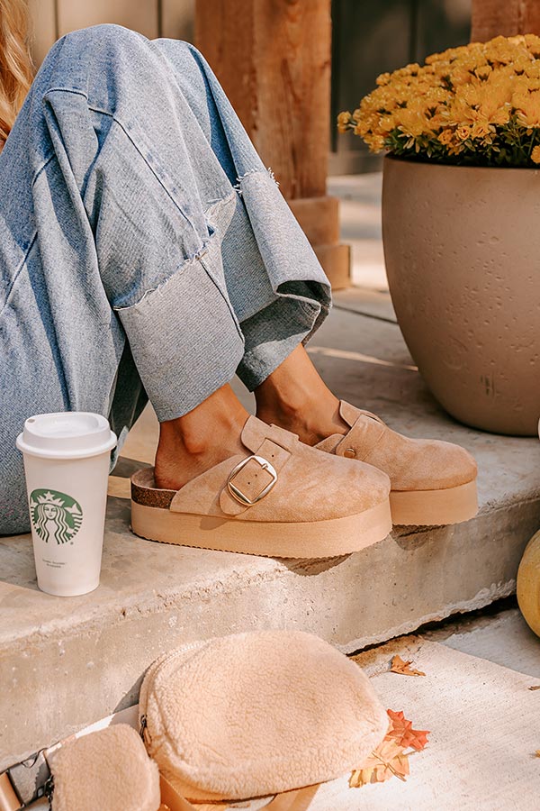 Premium Payton Faux Suede Platform Clogs - Iced Latte