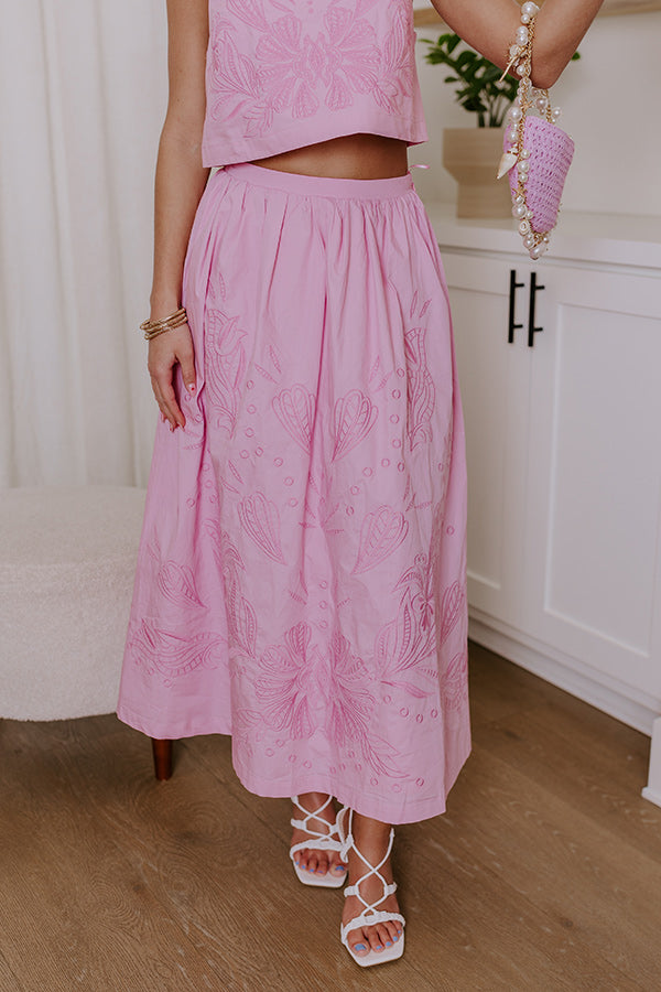Premium Vacay Bound High Waist Embroidered Midi Skirt in Blush