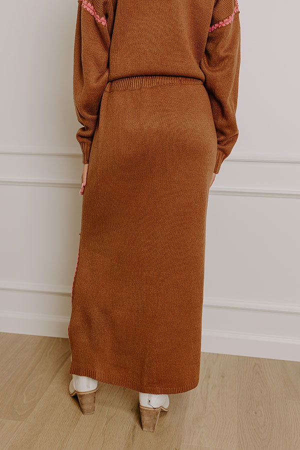 Premium Chocolate High Waist Knit Maxi Skirt with Embroidered Accents