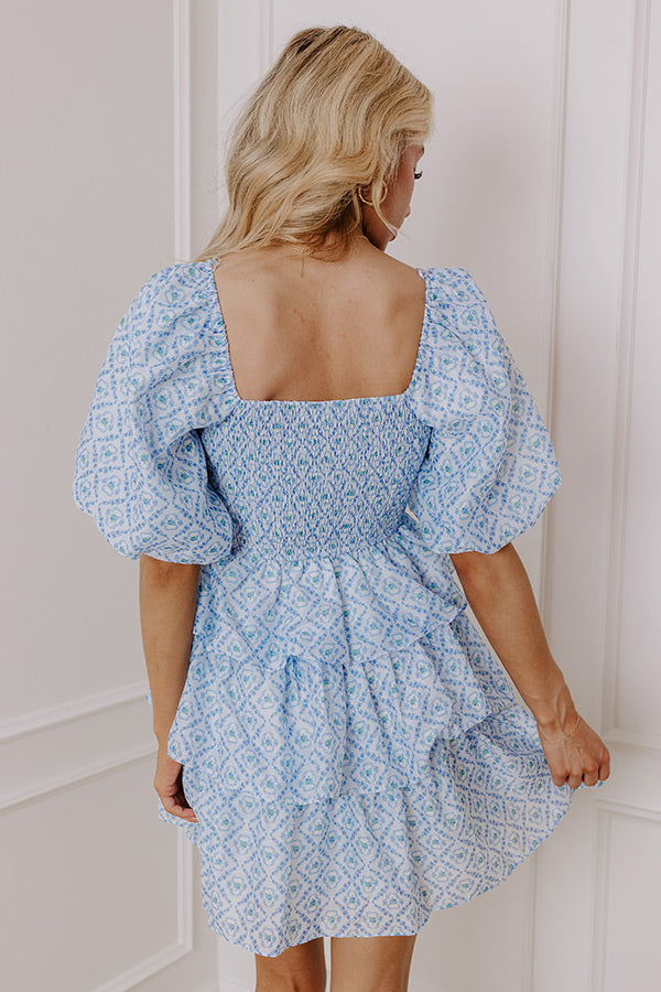 Premium Sky Blue Floral Tiered Mini Dress