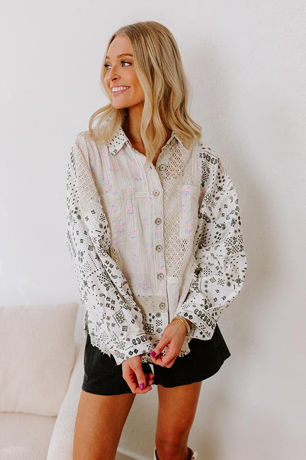 Premium Boho Chic Lace Button-Up Blouse - White