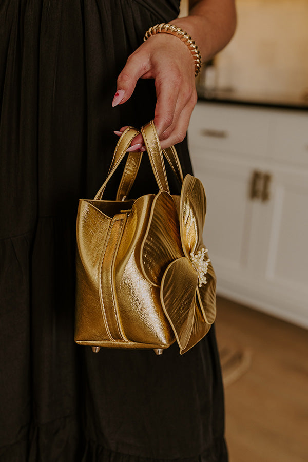 Premium Monroe Flower Vegan Leather Top Handle Bag in Gold