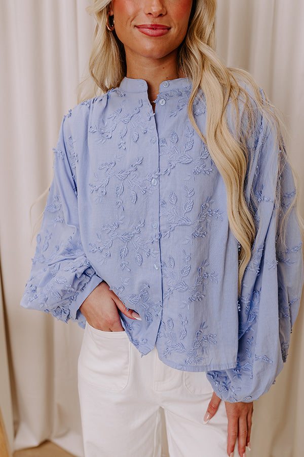 Premium Lost In Love Embroidered Button-Up Top - Sky Blue