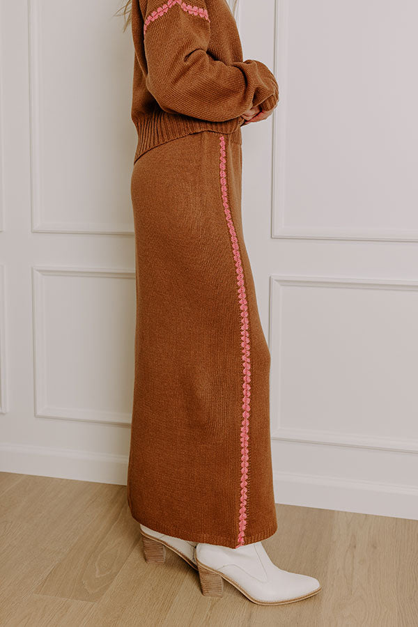 Premium Chocolate High Waist Knit Maxi Skirt with Embroidered Accents