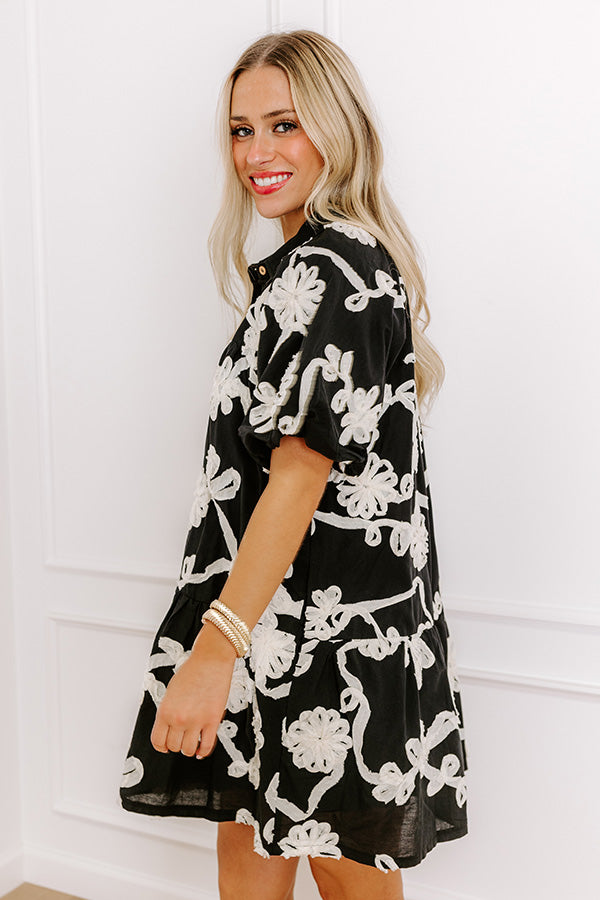 Premium Floral Embroidered Mini Dress - Black
