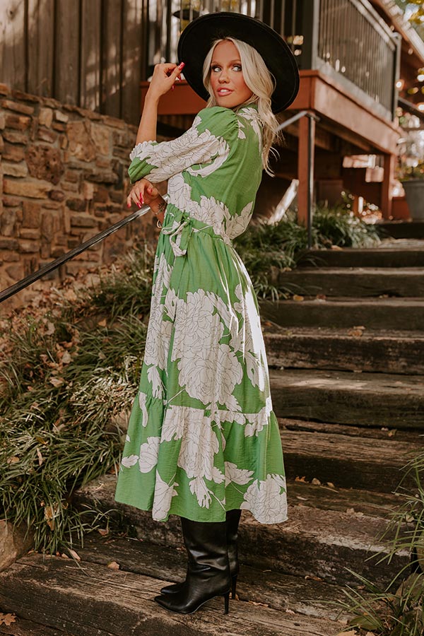 Premium Floral Midi Dress - Green Elegance