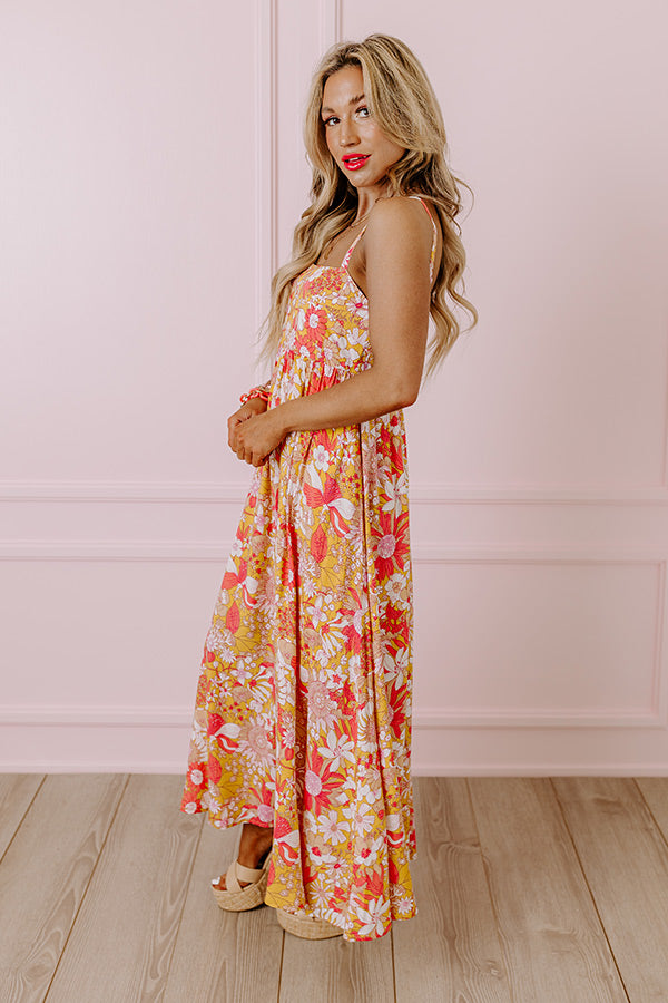 Premium Floral Midi Dress - Golden Honey Elegance