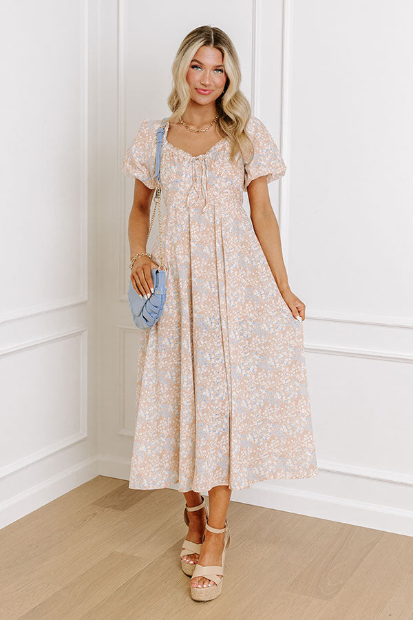 Ultimate Whimsical Daydream Floral Midi Dress in Iced Latte