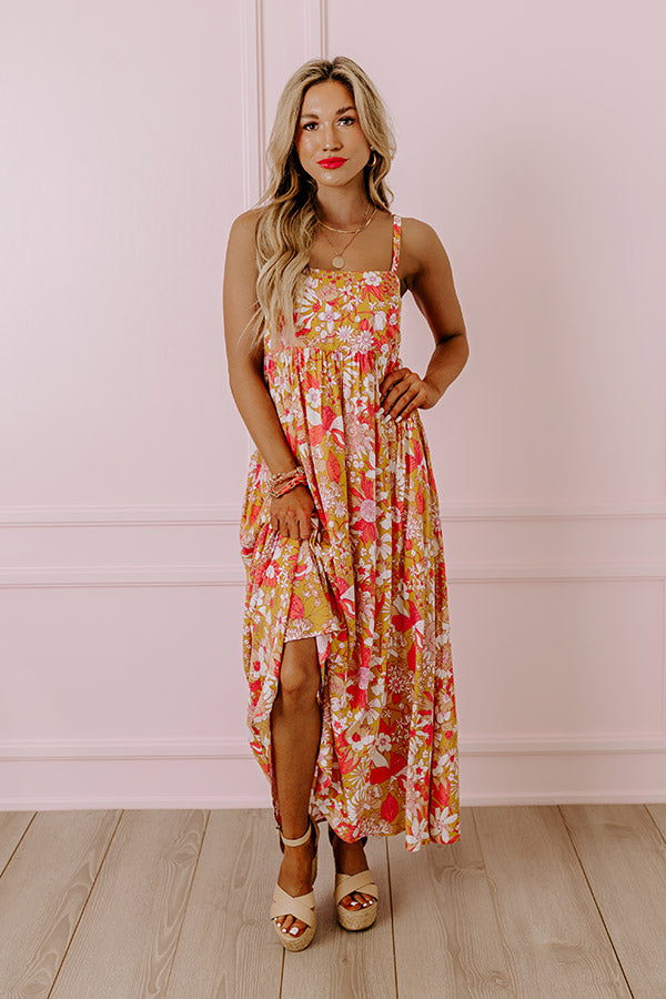 Premium Floral Midi Dress - Golden Honey Elegance