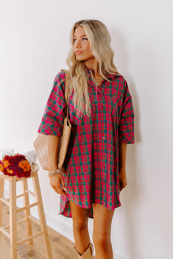 Premium Oversized Plaid Mini Dress in Fuchsia & Green