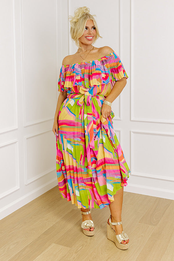 Premium Tropical Antigua Pleated Midi Dress