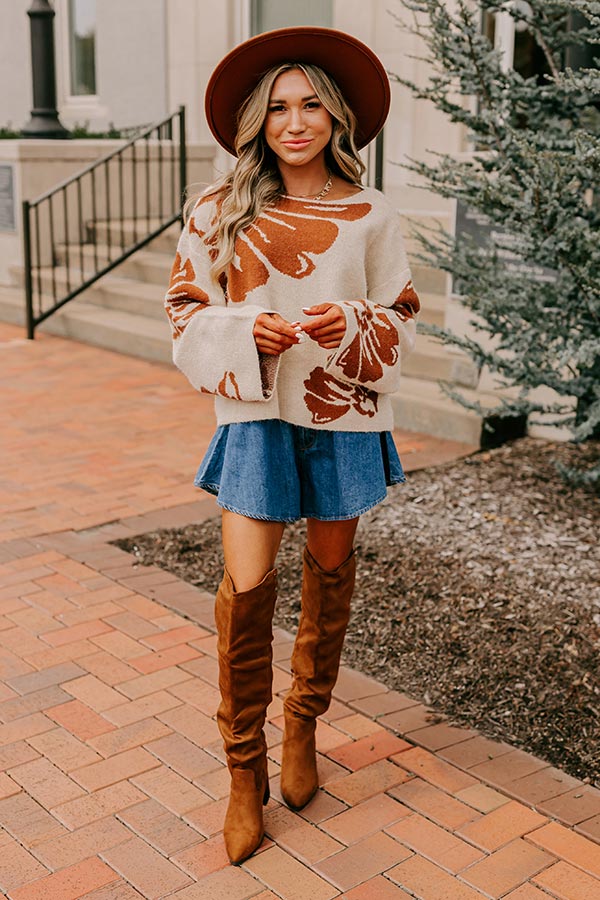 Premium Chai Latte & Cozy Floral Knit Sweater in Oatmeal