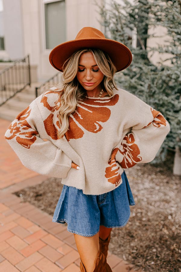 Premium Chai Latte & Cozy Floral Knit Sweater in Oatmeal