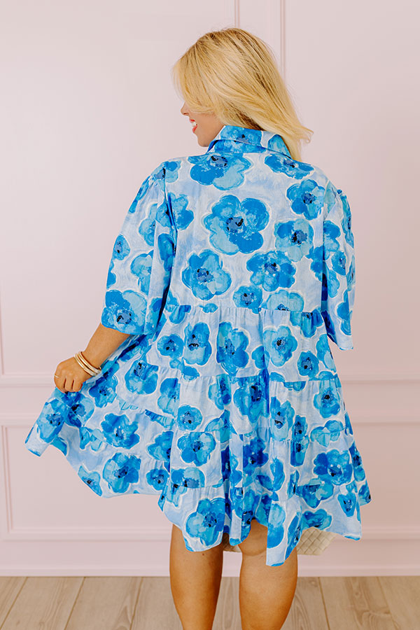 Premium Romantic Shift Dress - Blue Floral Elegance