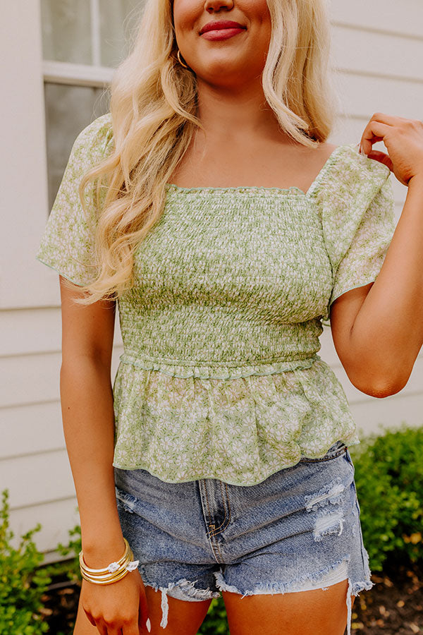 Premium Peonies Smocked Blouse in Vibrant Lime