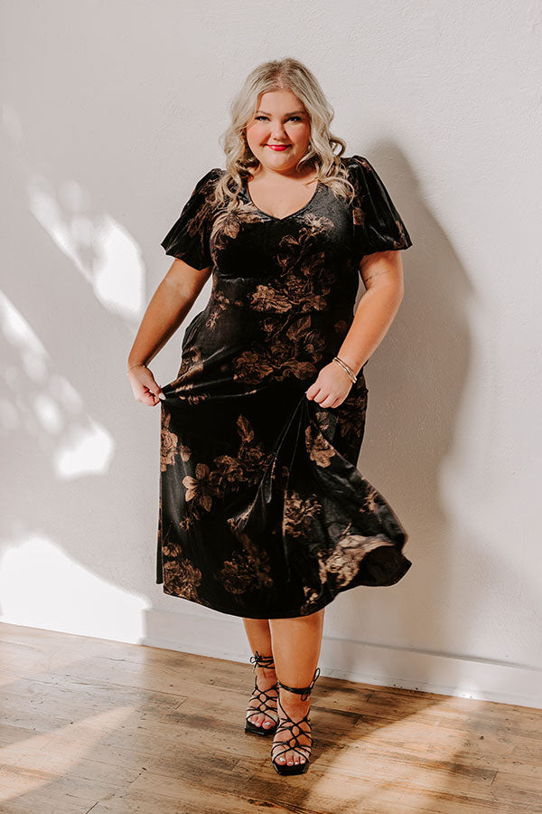 Premium Maple & Mahogany Floral Velvet Midi Dress