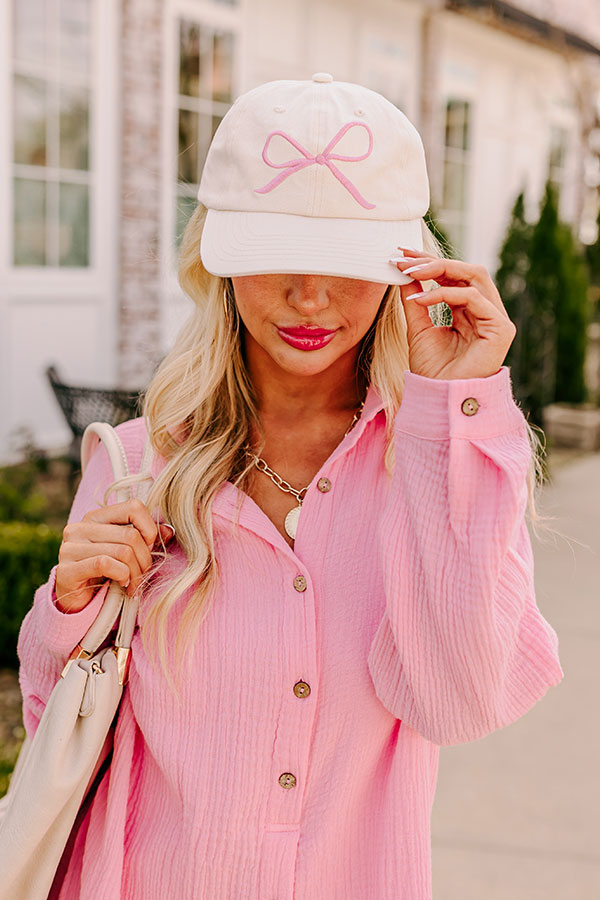 Premium Embroidered Bow Baseball Cap - Cream