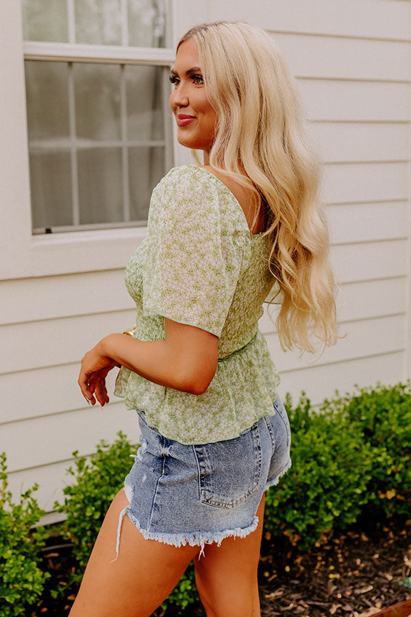 Premium Peonies Smocked Blouse in Vibrant Lime