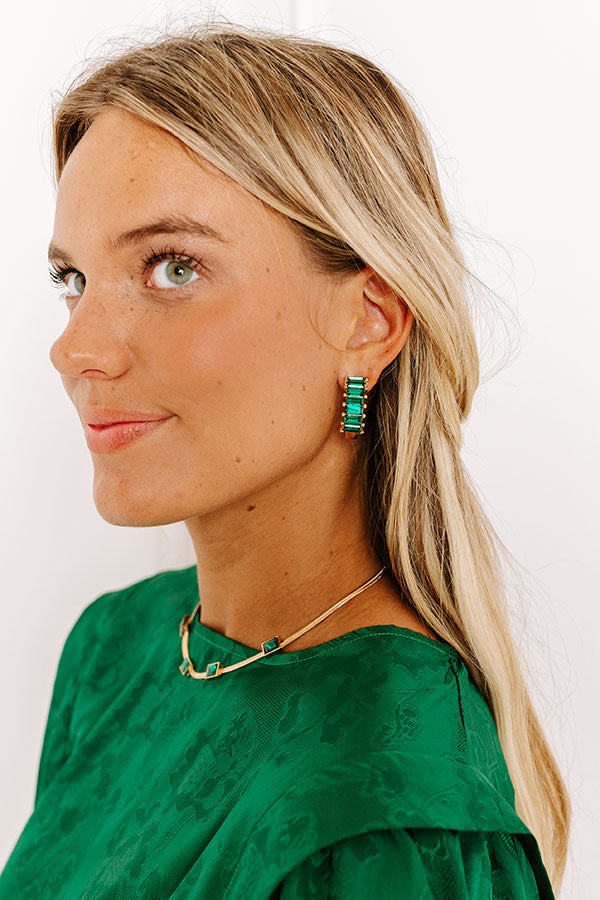 Premium Glam Square Hoop Earrings - Green Rhinestone Accents