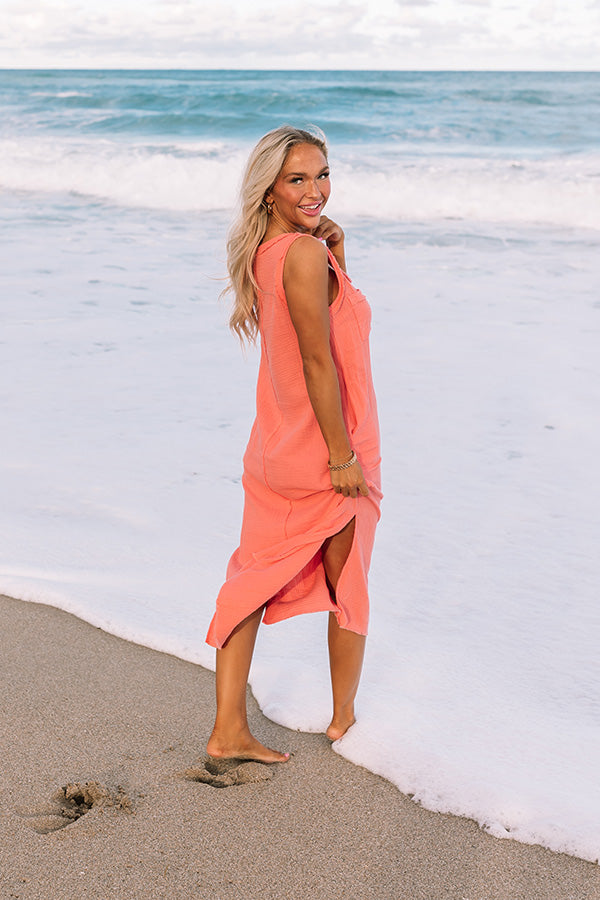 Ultimate Free Spirited Frayed Midi Dress in Coral