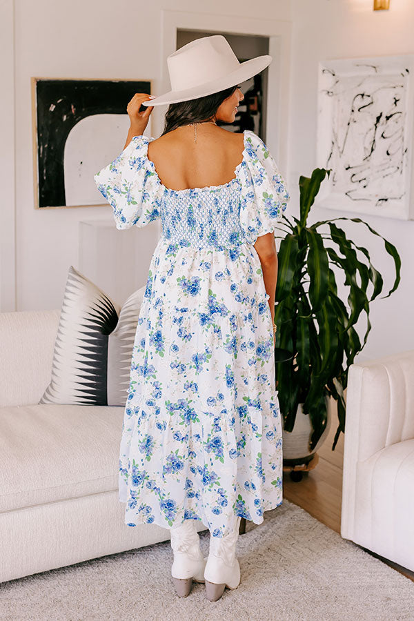 Premium Sky Blue Floral Midi Dress - Ultimate Elegance