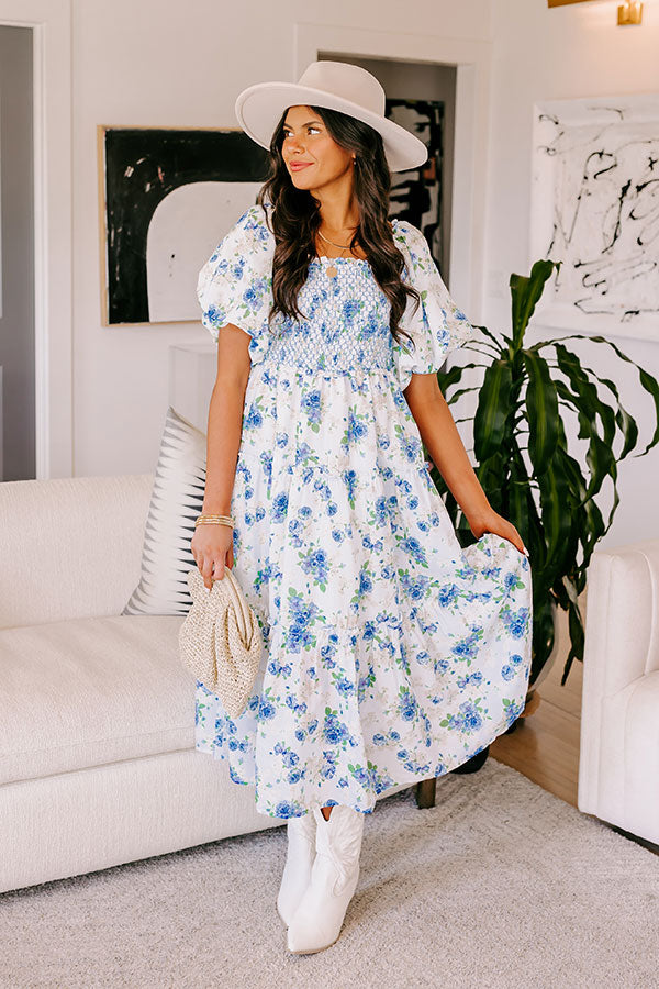 Premium Sky Blue Floral Midi Dress - Ultimate Elegance