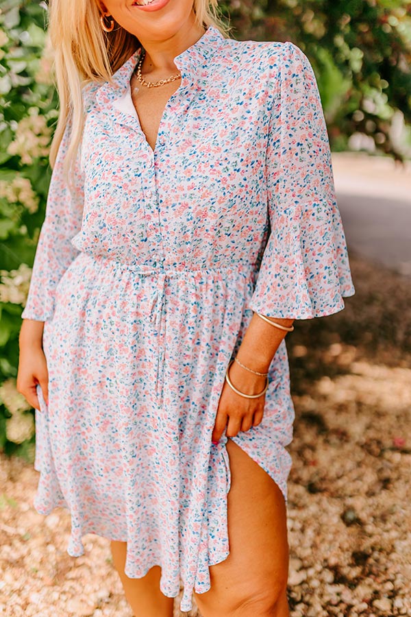 Premium Sky Blue Floral Chiffon Dress with Elastic Waistline