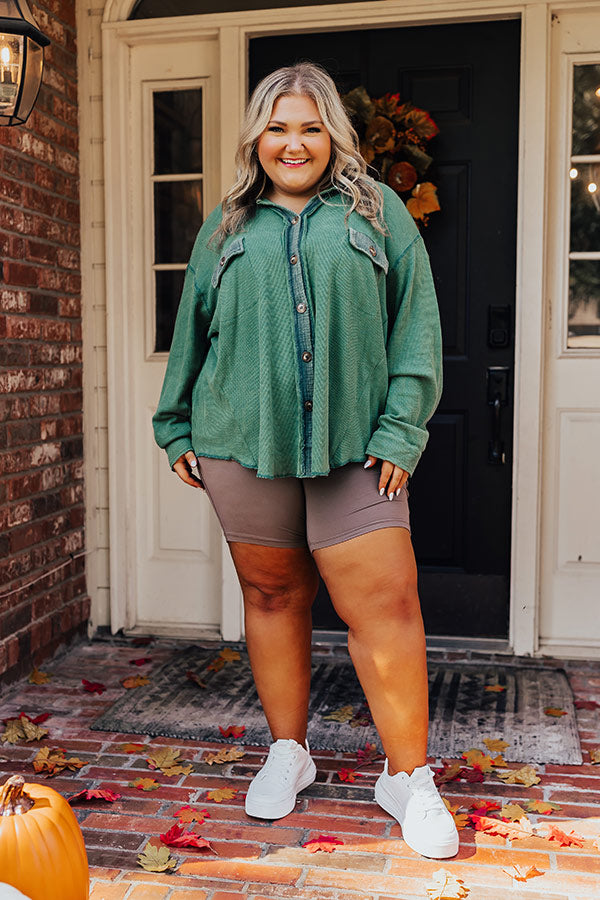 Premium Campfire Stories Waffle Knit Button-Up - Green Curves