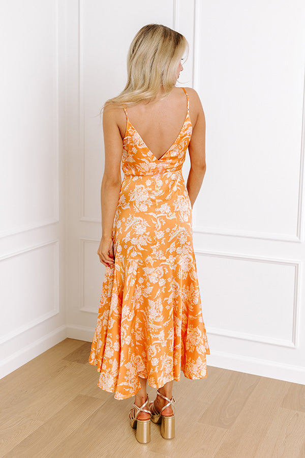 Ultimate Satin Wrap Dress: Orange Floral Elegance