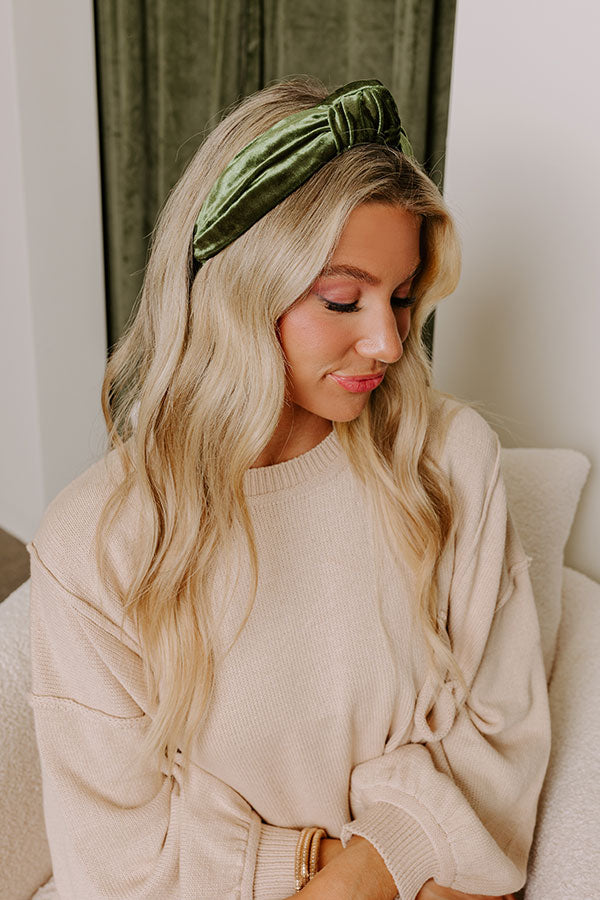 Premium Velvet Headband with Top Knot - Olive Green