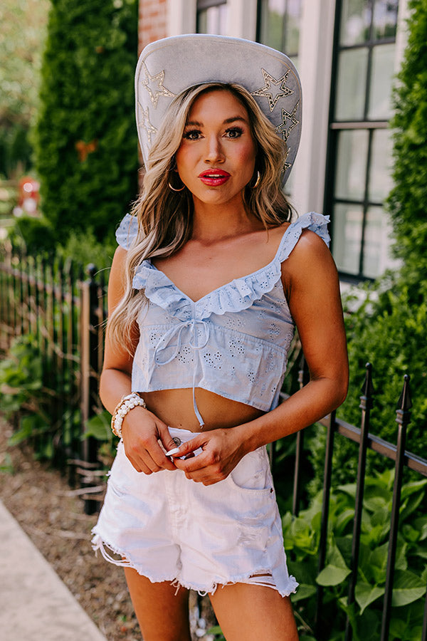 Premium Sky Blue Cabo Beaches Eyelet Crop Top - Ultimate Summer Style