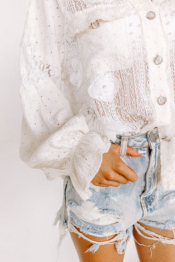 Premium Tea Garden Embellished Knit Button-Up – Cream Elegance