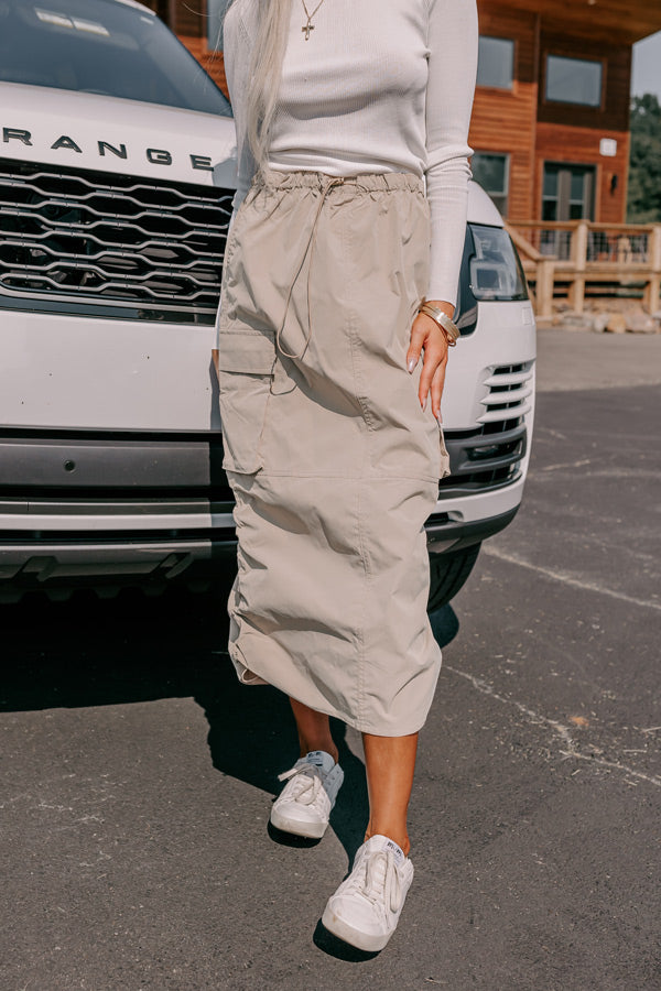 Ultimate Comfort Cool Energy Cargo Midi Skirt in Warm Taupe