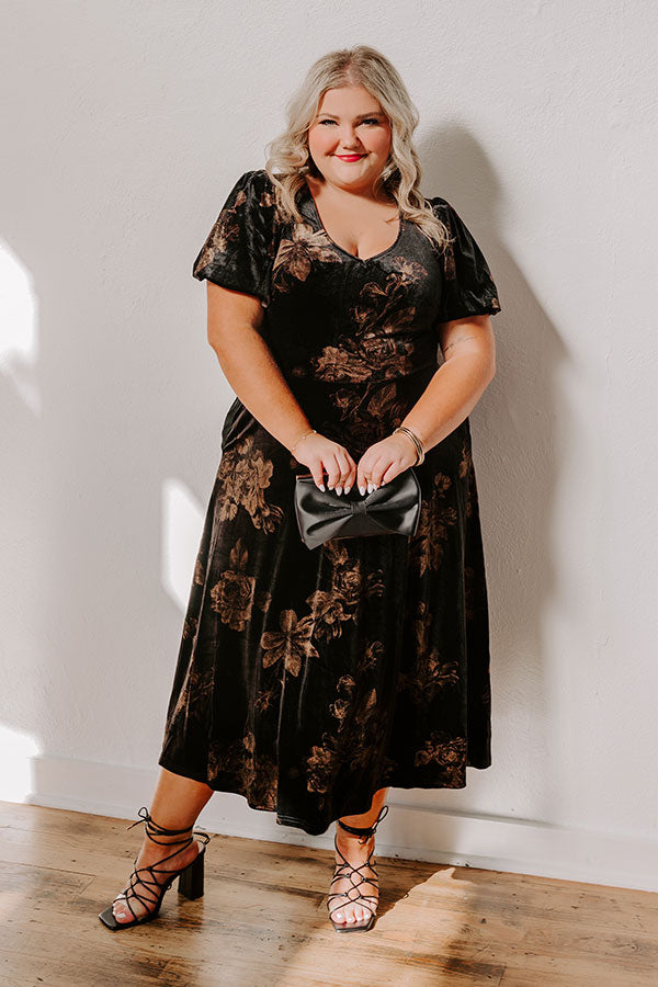 Premium Maple & Mahogany Floral Velvet Midi Dress