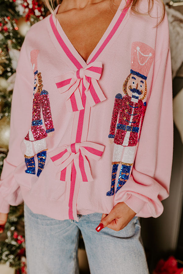 Premium Holiday Glam Sequin Sweater - Pink Nutcracker Design