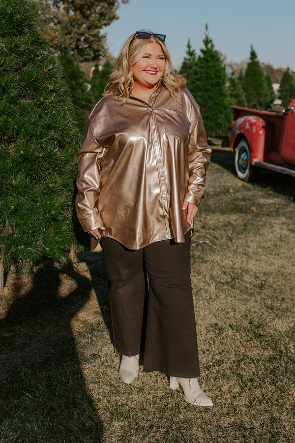 Ultimate Faux Leather Champagne Button-Up Shirt for Curves