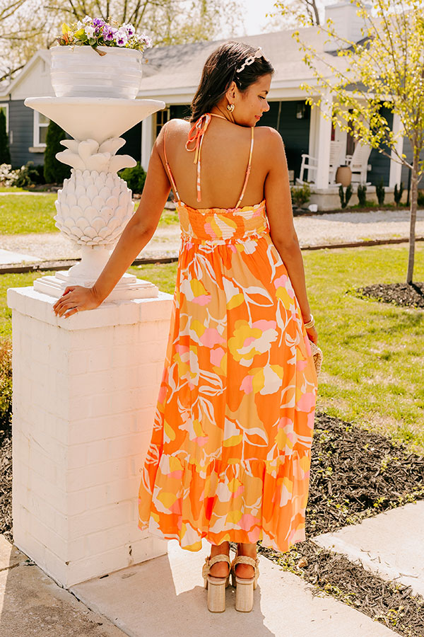 Premium Tropical Escape Midi Dress - Vibrant Orange