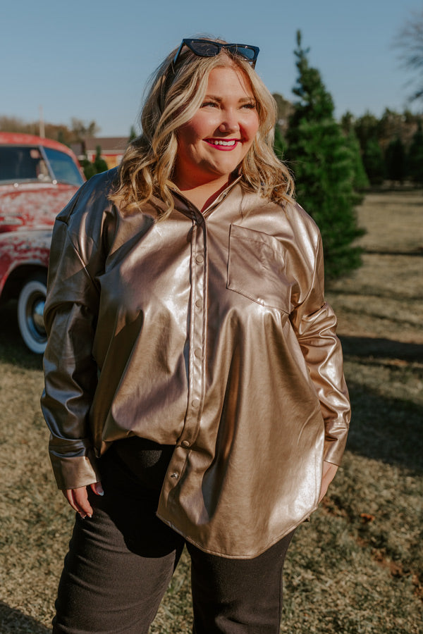 Ultimate Faux Leather Champagne Button-Up Shirt for Curves