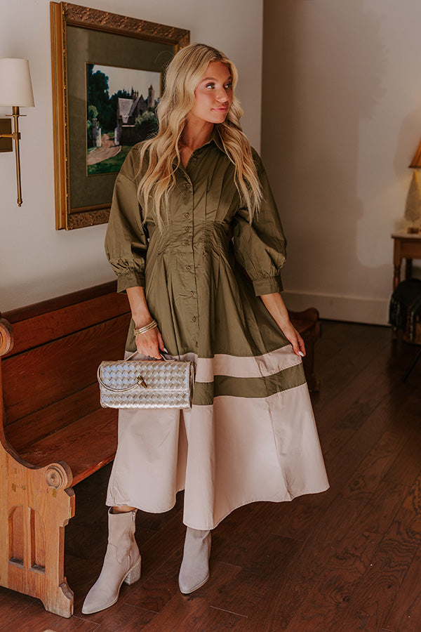 Premium Hopeless Romantic Button Down Midi Dress - Army Green